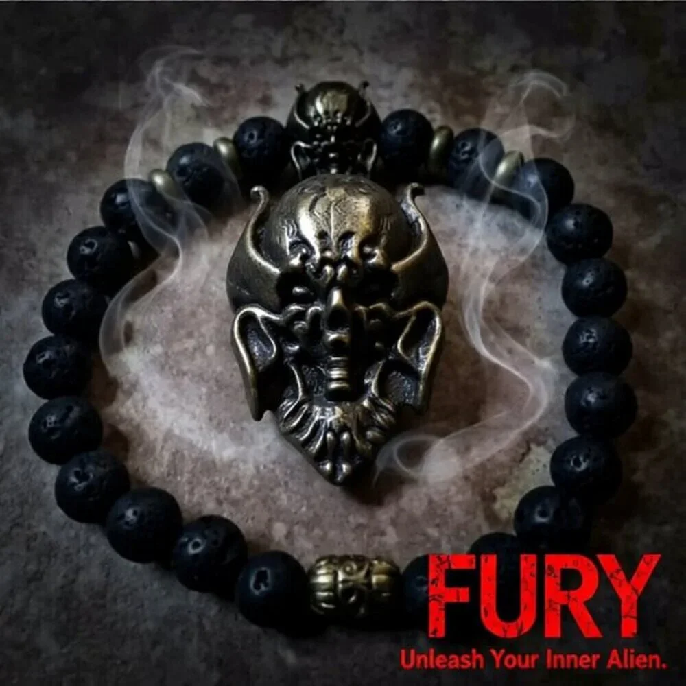 Alien Warrior Skull + Lava Rock Beads! Rugged Men's Bracelet! Biker Rocker Punk